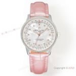 Swiss Grade 1 Breitling Navitimer Automatic 35 Diamond Watch MOP Dial Pink Leather Strap